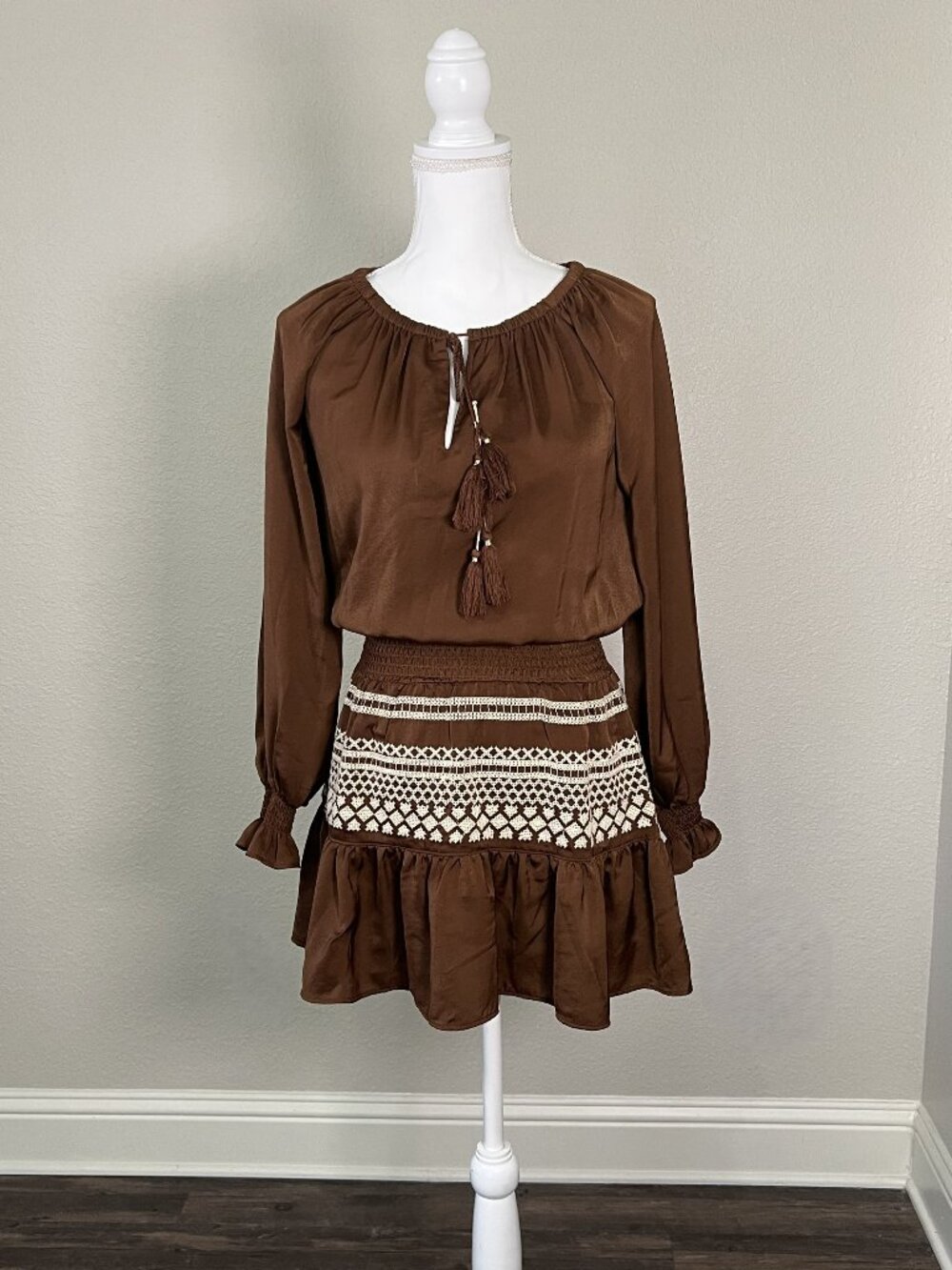 Shyanne Brown Western Embroidered Smocked Mini Dress Long Sleeve Tassels Size XS